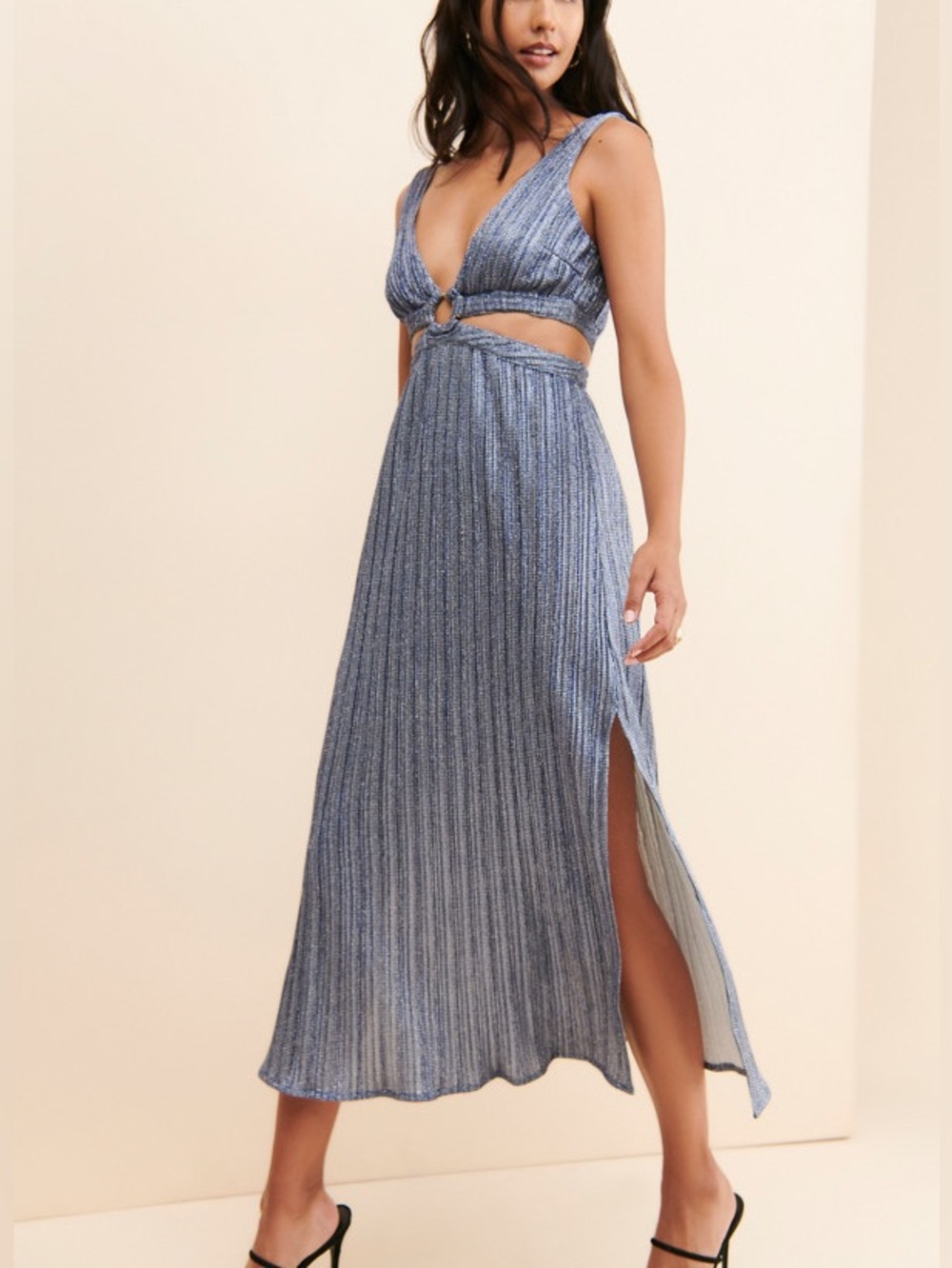 SUBOO Mira metallic blue silver cutout midi dress 57072